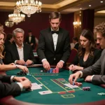 Strategic blackjack gameplay at upscale casino featuring sunwin players in elegant attire