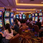 Players engaging with vibrant slot machines, celebrating wins in an upscale casino.