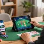 Permainan poker yang menarik di aplikasi alexis500 ditampilkan di tablet di tengah pengaturan rumah yang nyaman.
