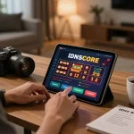 IDNSCORE user enjoying online gambling on a tablet at home, showcasing strategy notes and a warm atmosphere.