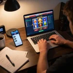 Playing slots on KENZOBET from a cozy home setup, showcasing responsible gaming habits.