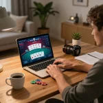 Enjoying strategic poker gameplay online at fabet in a cozy home office.