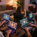 Players enjoying online slots like UGDEWA in an exciting home gaming setup with warm lighting