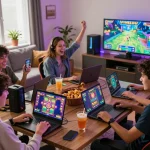 Grup menikmati permainan slot online VIRUS88 di ruang tamu yang ramai.