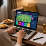 PHTAYA sports betting interface displayed on a laptop in a cozy living room setting, showcasing excitement and strategy.