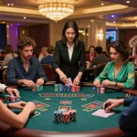 Pemain yang terlibat di meja blackjack selama permainan dengan taruhan tinggi di kasino, menunjukkan strategi daftar deluna4d.