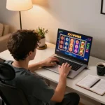 Player enjoying IDCWIN88 slots on a laptop in a cozy home office, showcasing vibrant reels and strategic notes