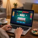 VA88 player analyzing blackjack strategy on laptop while enjoying a cozy home setup