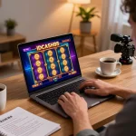 IDCASH88 player focusing on online slot games in a stylish home setup, showcasing responsible gaming.