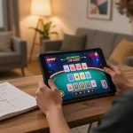 Engaged user playing LLWIN live casino games on a tablet with strategy notes in cozy home setting.