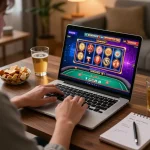 Engaging with BERLIAN889 online gaming, enjoying slots and poker at a cozy home workstation.