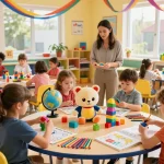 Children playing with Rakun 77 plush toys in a colorful classroom.