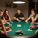 Engaged friends playing poker at home, showcasing lc88 gaming strategy and camaraderie atmosphere