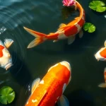 Koi toto berenang di kolam indah dikelilingi tanaman air yang berwarna-warni.