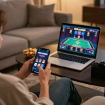 Player enjoying BERLIAN889 mobile casino app on smartphone in cozy home setting