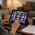 IDCJOKER player engaging with dynamic slots on tablet, showcasing home gaming enjoyment.