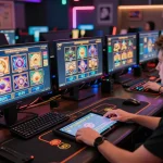 LGO SUPER player enjoying an online slot game on multiple screens in a vibrant gaming setup