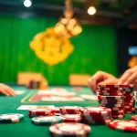 Nemo69 bermain di meja kasino dengan chip dan kartu yang berwarna-warni.