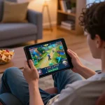 Engage with LGO SUPER in a cozy home gaming setup featuring intuitive tablet interface and inviting atmosphere.