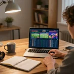 Engaging in sports betting on net88, a person checks live odds from a laptop in a cozy home office.