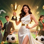 dabet offers exciting gaming prospects with a triumphant Asian woman holding a trophy in a stylized casino scene.