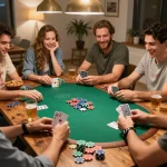 Engaging poker game night with friends showcasing strategic moments at nhà cái vua 88.