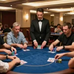 Players at 88CLUB's poker table engage in strategic gameplay with colorful chips and community cards.