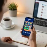 Engaging gameplay on UG DEWA mobile app showcasing slot machines in a cozy home office.