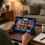 Engaging in PERI11 online gaming with a vibrant tablet interface and cozy home environment.