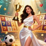 Experience slot gacor with a stunning illustration of a victorious Asian woman celebrating among vibrant slot machine elements.