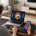 Pemain slot Pandawin merayakan kemenangan sambil menikmati gaming online di rumah.