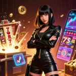 Spin the slot machine with a stunning Asian woman amid neon lights and golden coins in a vibrant casino.