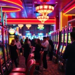 Menangkan slot di mesin permainan kasino dengan lampu neon yang mengesankan.