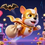 Experience thrilling gameplay with a7777 as the superhero dog flies, coins in tow amidst a colorful casino scene.