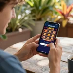 LIGALGO LOGIN showcased on smartphone during online gambling, highlighting excitement in a vibrant outdoor setting