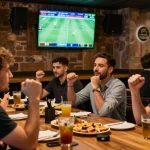 Soccer fans engaging in sports betting at a lively bar, with screens showing live matches, embodying community excitement and strategy at https://soikeonhacai.com.co/.