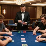 Engaged players at the Situs MPOID poker table, focusing on cards and strategy during an intense game session.