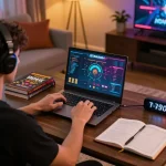 Engaged player exploring ISTANA404 online gambling interface, surrounded by strategy notes and cozy lighting.