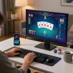 Player using nego77 app on a laptop for online poker with vibrant graphics.