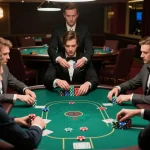 IDNSCORE RESMI players engaging in high-stakes poker with intense focus and strategic bets.