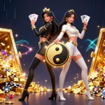 Spin thrilling slot reels with powerful twin Asian women amidst dazzling gold and jewels.