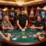 Engaging gameplay at blackjack table with MPO ID highlighted, players focused, dealer distributing cards.