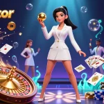 Experience captivating slot gacor action with golden coins flying and vibrant characters in a casino setting.