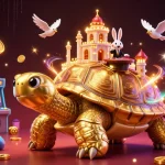 Spin the slot reels with a golden tortoise and rabbit dealer in a thrilling casino scene.