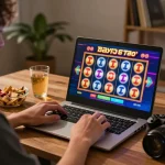 Player enjoying bayitoto's Toto slot game on laptop with vibrant graphics, cozy home setting.