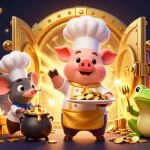 Nego77 chef pig serving gold coins on a vibrant casino-themed illustration.