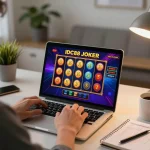 Engaging in IDC88 JOKER slot games while relaxing at home with vibrant screen display.