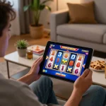 Player using LGOSUPER LOGIN on tablet for exciting online slot spins in a cozy home setting.