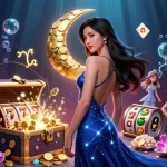 Play winning games at gelartoto with an elegant Asian woman, surrounded by slot elements and treasure.