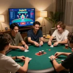 Players engaging in online poker at home via jangkar55 platform in a cozy setting